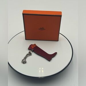 Authentic Hermes Boot Keychain Leather Charm Bordeaux Red Silver Chain